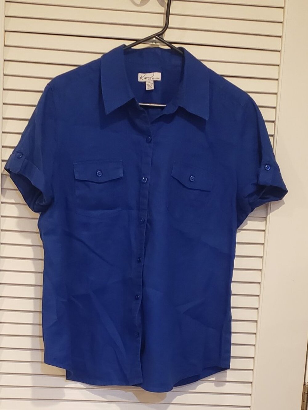 Kim Rogers Women's royal blue 100% linen button down blouse sz XL.